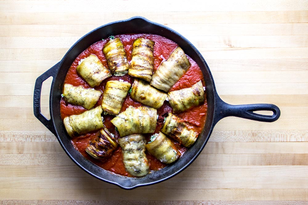 Eggplant Involtini in Sauce in Cast Iron Skillet