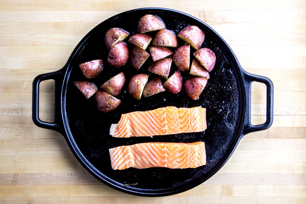 Potatoes & Salmon on Baking Sheet