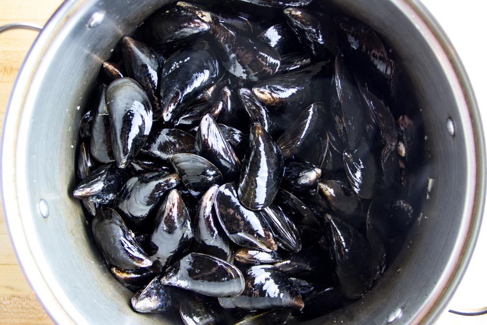 Steaming Mussels in Large Pot