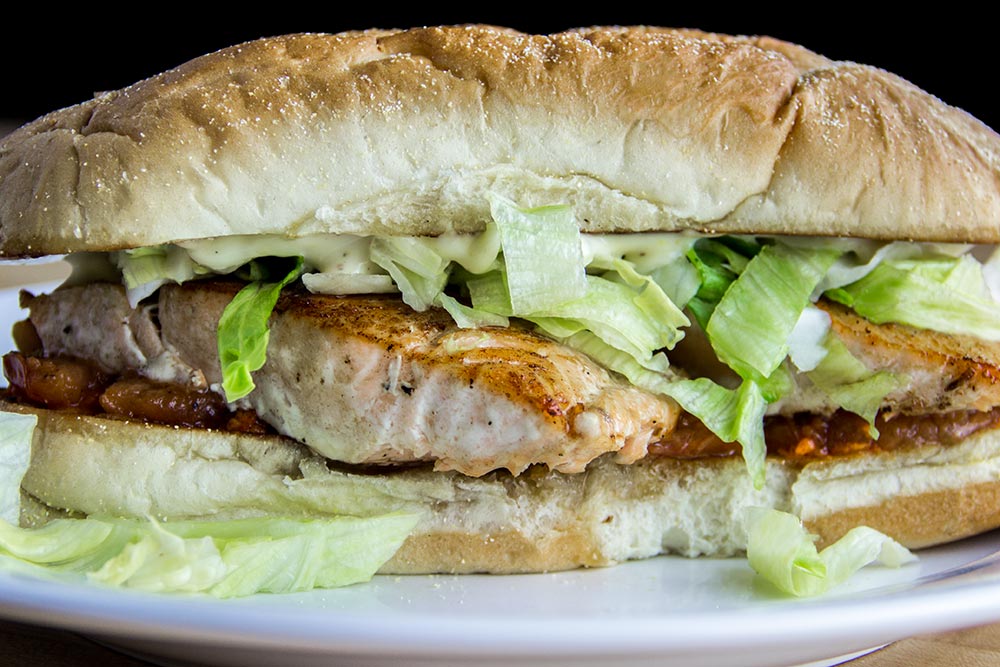 Salmon Sandwich with Garlic Mayo & Red Pepper Spread Recipe