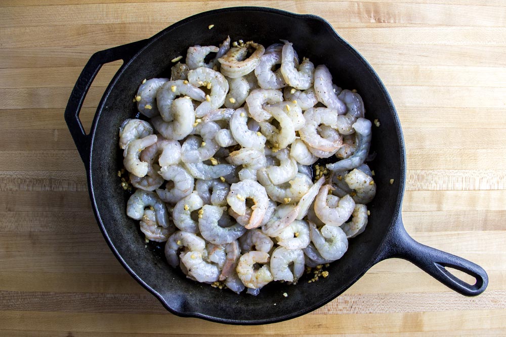 Raw Shrimp in Lodge Cast Iron Skillet