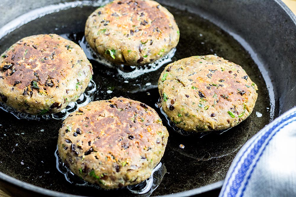 Fried Bean Veggie Burgers in Lodge Cast Iron Skillet