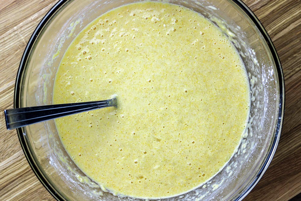 Egg & Cornbread Mix in Large Glass Bowl