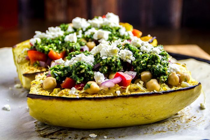 Squash with Pesto & Chickpea Salad