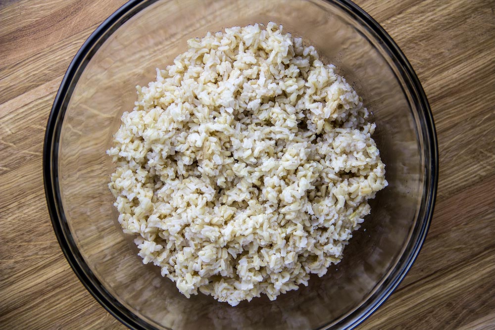 Cooked Brown Rice in Large Glass Bowl