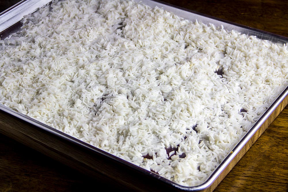 Cooling Basmati Rice on Baking Sheet