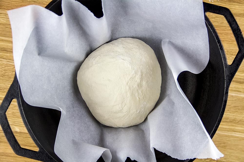 Raw Bread Dough in Dutch Oven