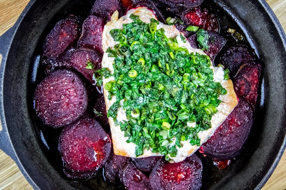Roasted Salmon and Herbs in Cast Iron Skillet