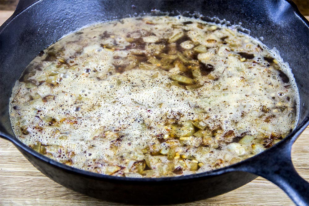 Onions & Beer in Cast Iron Skillet