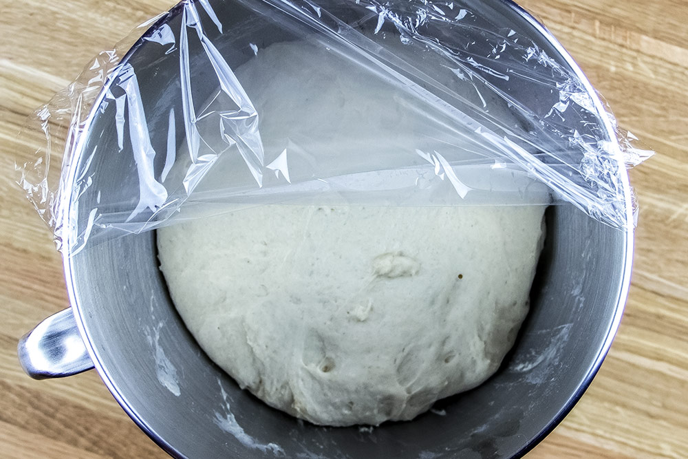 Risen Dough in Mixer Bowl