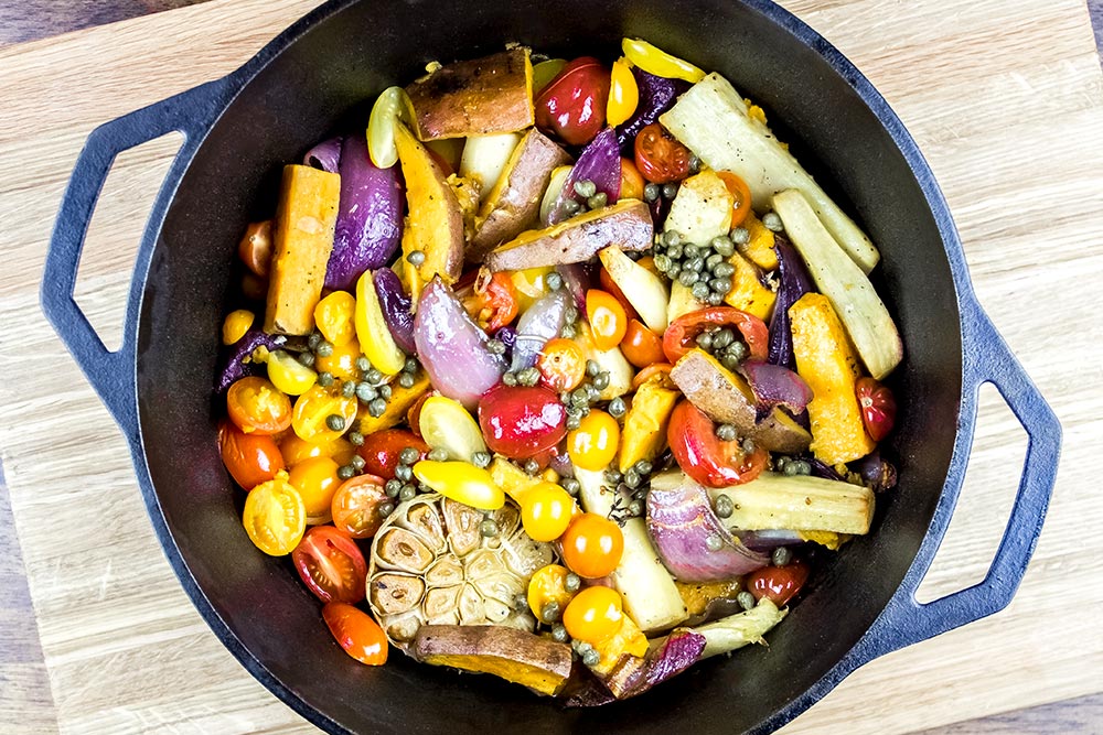 Roasted Parsnip, Sweet Potato and Garlic with Caper Vinaigrette Recipe