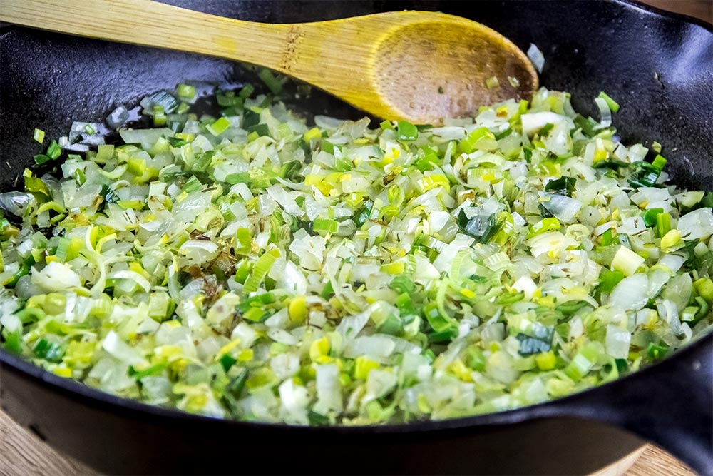 Cooked Onion and Fennel in Cast Iron Skillet