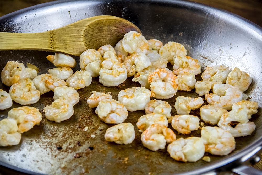 Cooking Shrimp in Stainless Steel Skillet