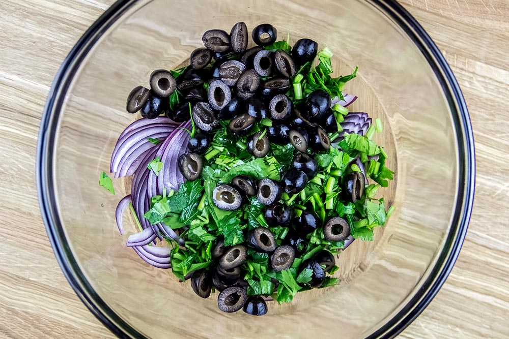 Salad Ingredients in Large Glass Bowl