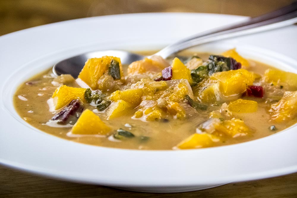 Butternut Squash, Beet Greens & Coconut Garlic Soup Recipe