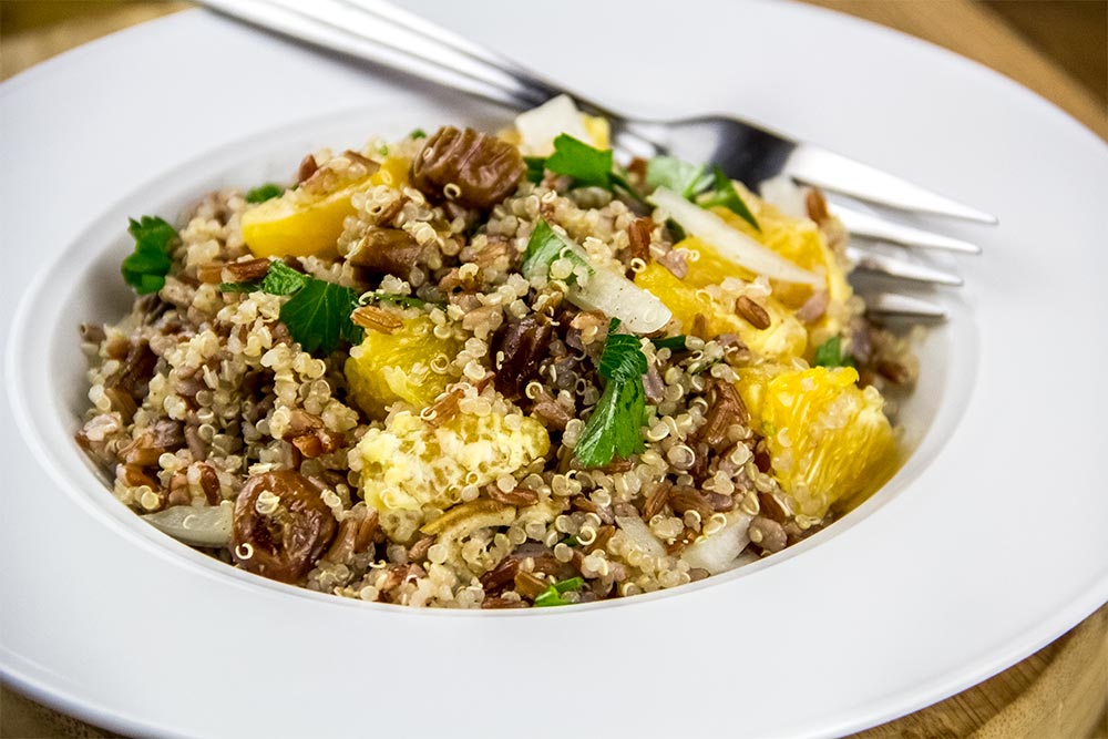 Plated Orange, Date, Parsley, Red Rice and Quinoa Salad