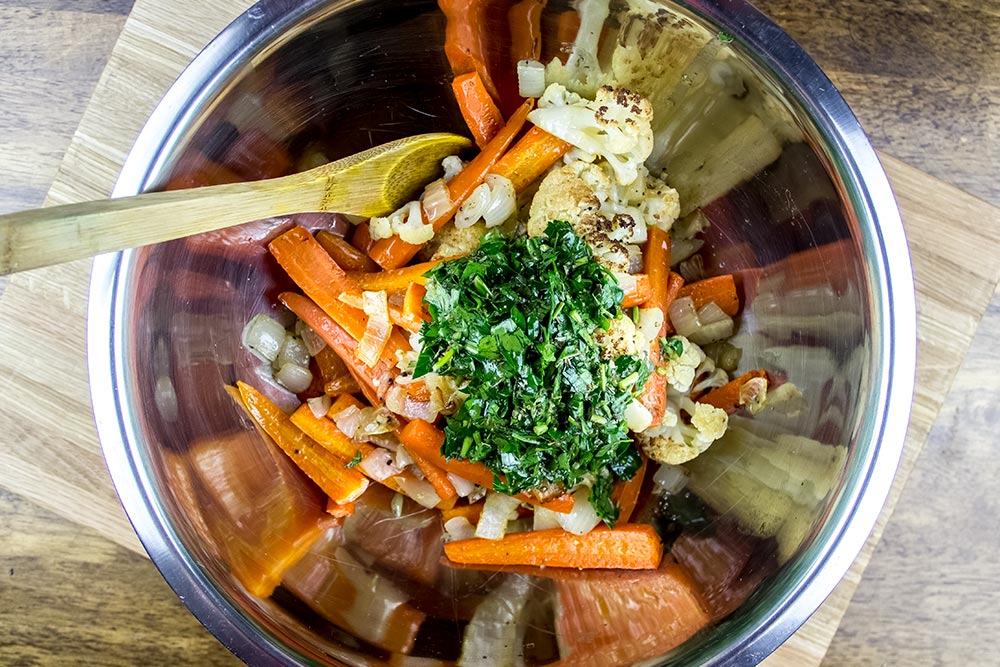 Veggies and Vinaigrette in Large Bowl