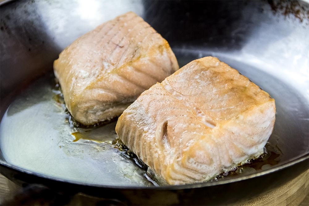 Baked Salmon in Stainless Steel Skillet