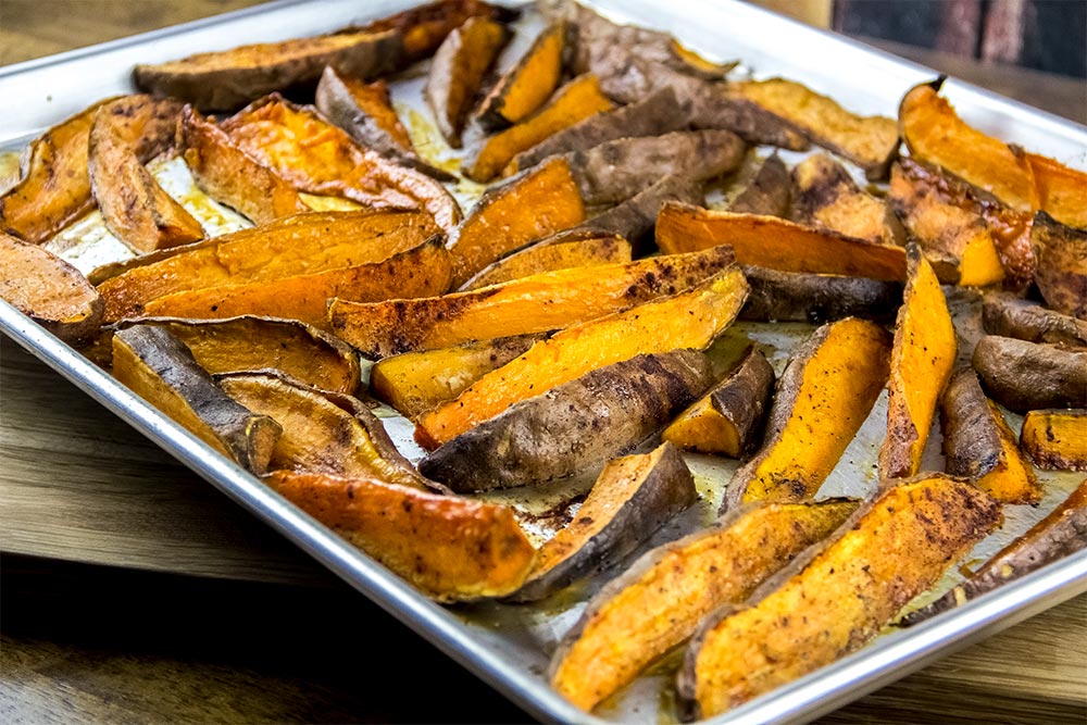 Roasted Sweet Potatoes on Baking Sheet