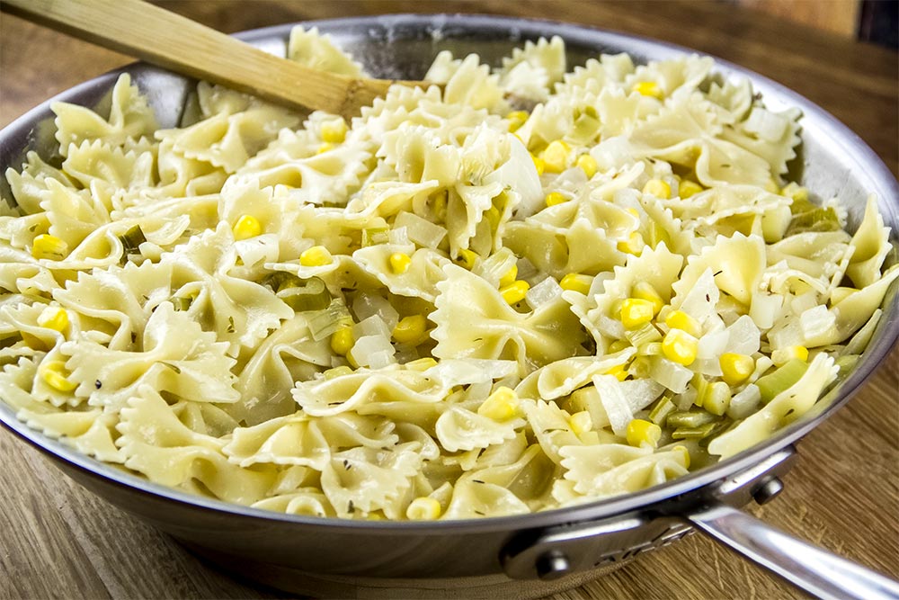 Bow Tie Pasta with Corn and Cream Sauce in Large Skillet