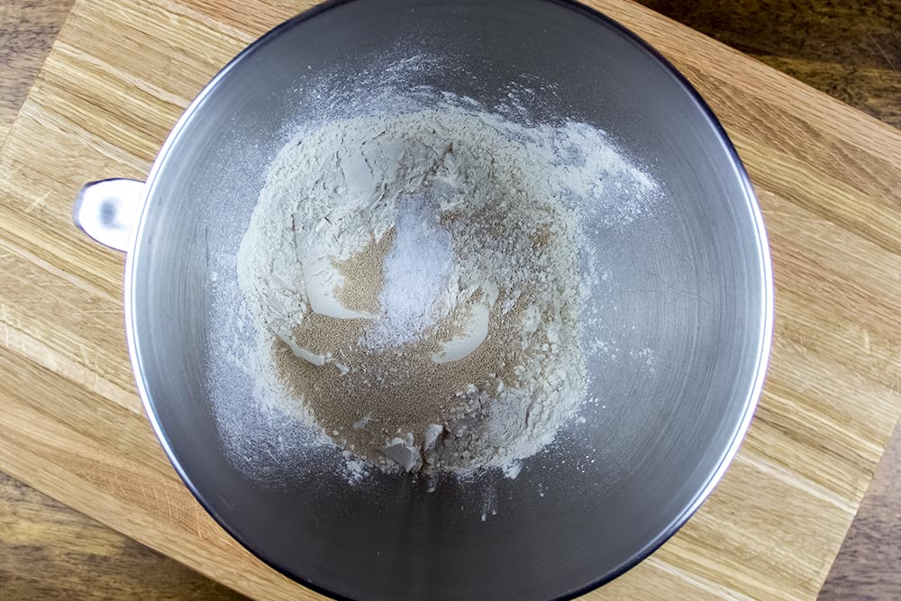 Dry Bread Ingredients in Stand Mixer Bowl