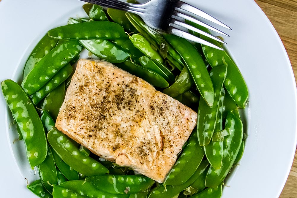 Fried Salmon and Snow Peas Dinner