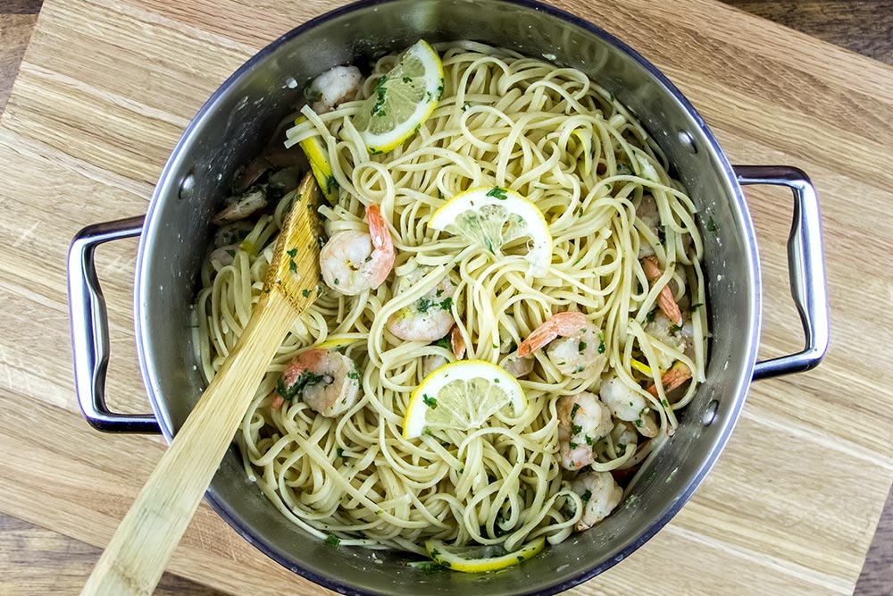 Shrimp and Linguine in Saucepan