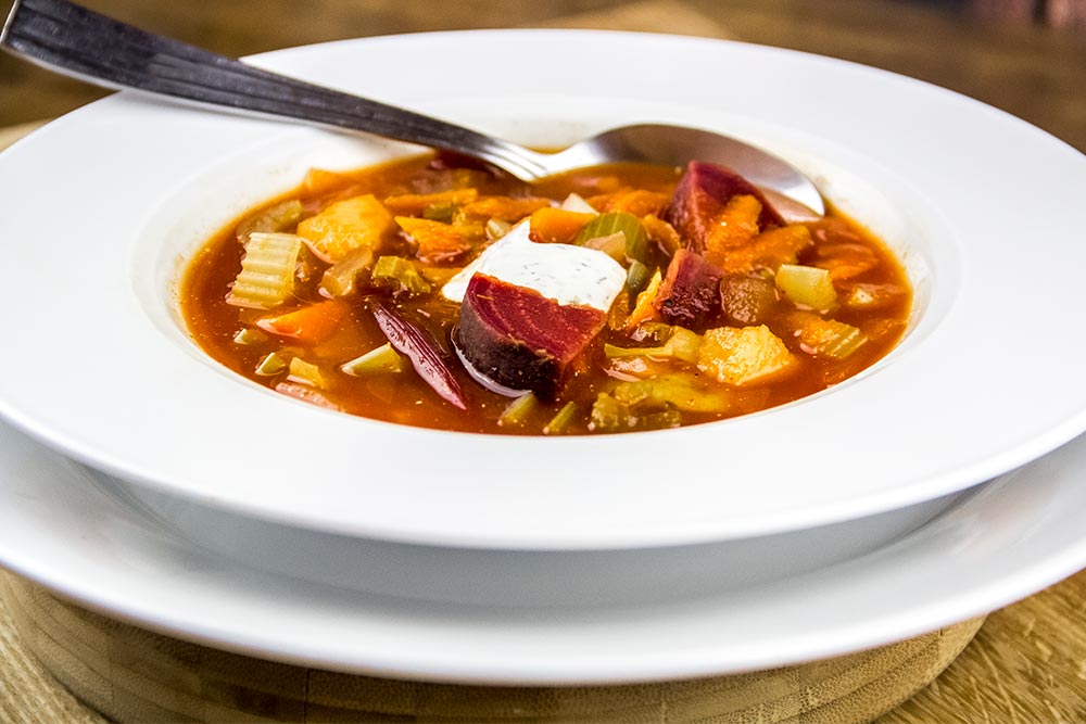 Borscht with Horseradish & Dill Sour Cream Recipe