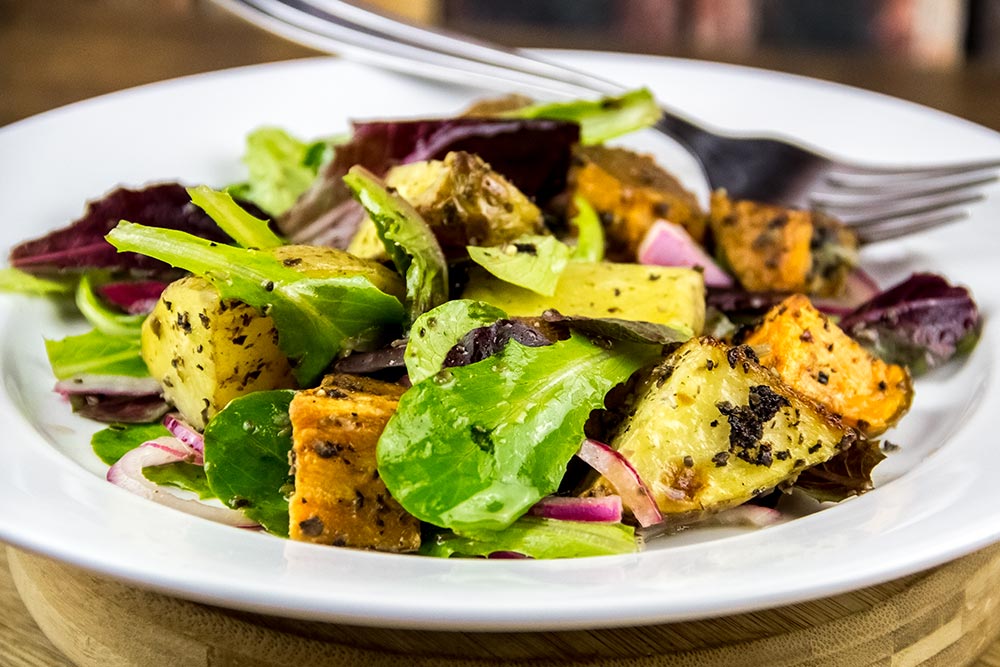 Olive Tapenade & Baby Greens with Roasted Potato Salad Recipe