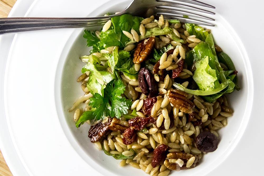 Mediterranean Orzo Salad with Pecans, Kalamata Olives and Balsamic Vinaigrette