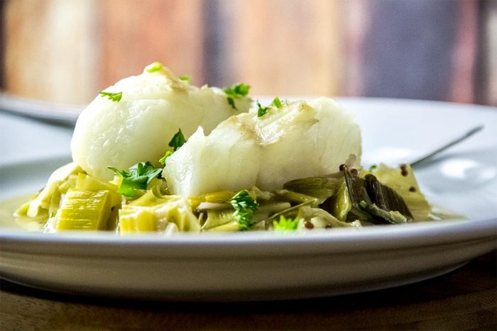 Skillet Braised Cod With Pub Style Mustard & Leeks Recipe