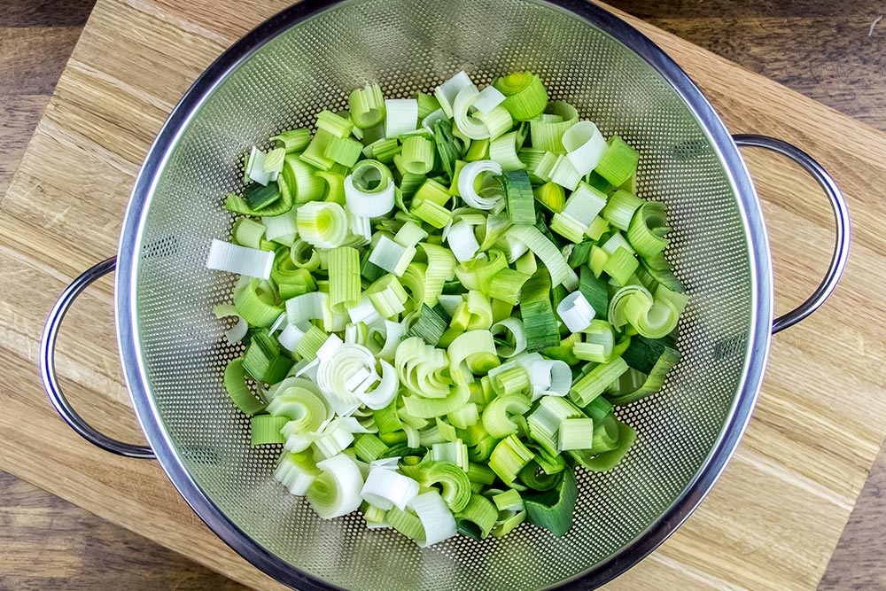 Cut Leeks Cleaned in Colander