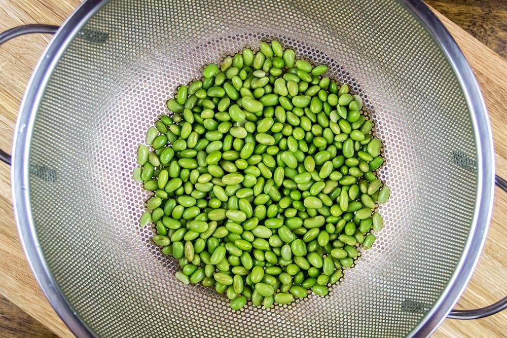 Frozen Edamame in Colander