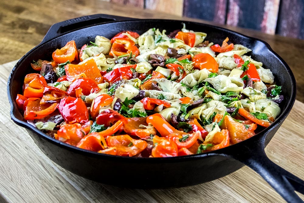 Veggie Topping Over Brown Rice Mixture in Skillet