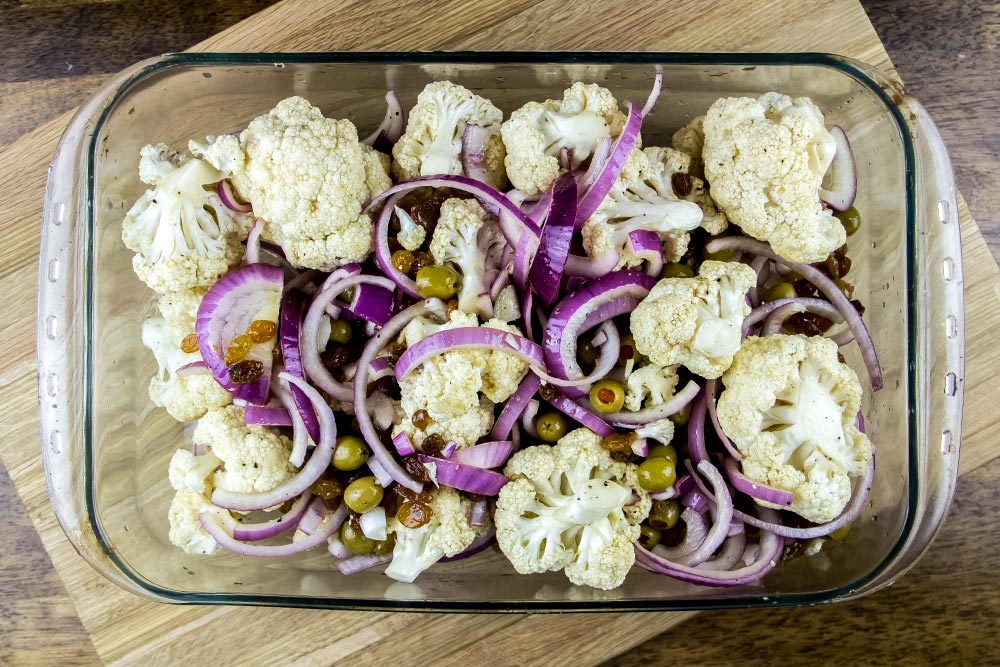 Raw Vegetables Spread Out in Casserole Dish