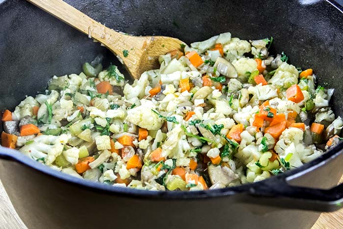 Cauliflower & Mushroom Stuffing in Dutch Oven