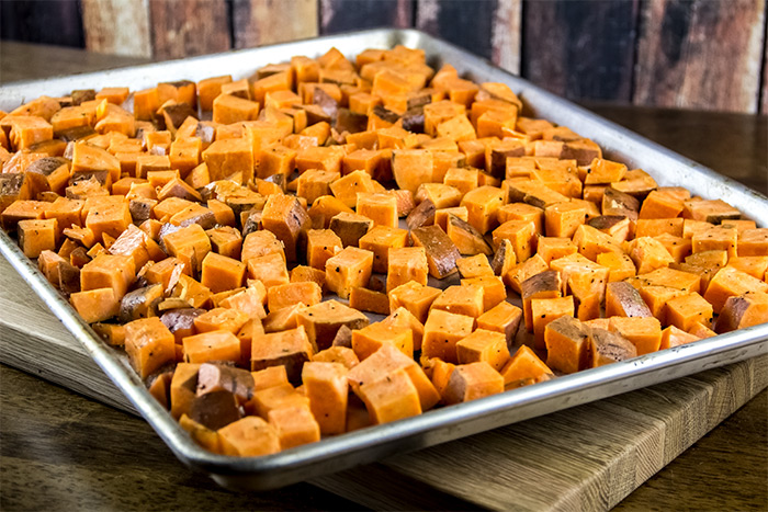 Sweet Potato Cubes on Large Baking Sheet