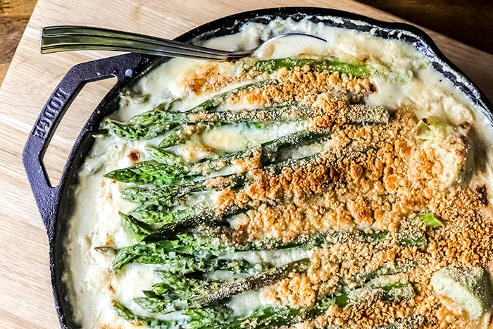 Artichoke & Asparagus Gratin in Lodge Cast Iron Skillet