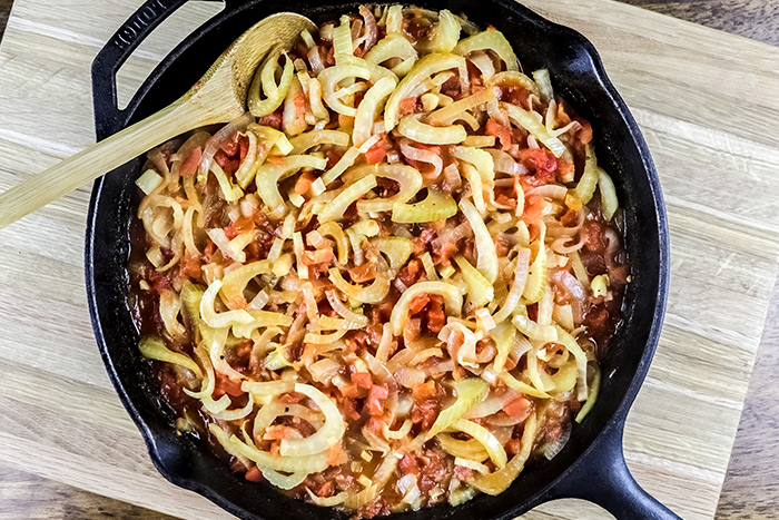 Adding Tomatoes, Wine & Orange Juice to Cast Iron Skillet