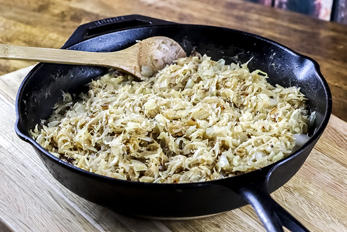 Onion & Sauerkraut Mixture in Cast Iron Skillet