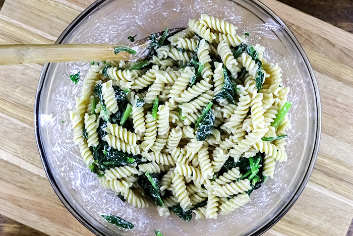 Pasta & Spinach in a Glass Bowl