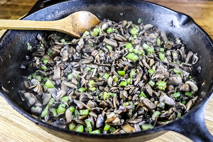 Browning Mushrooms & Celery in Cast Iron Skillet