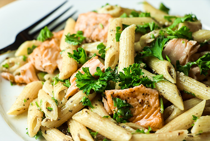 Asparagus & Baked Salmon Penne Pasta Salad Recipe