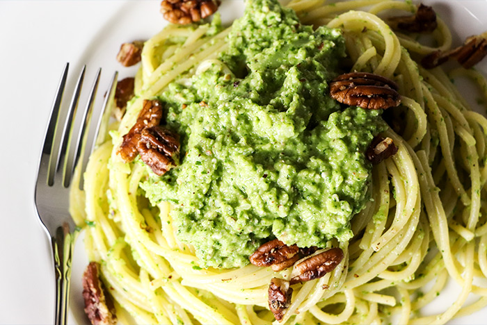 Spaghetti with Broccoli Pesto & Pecans
