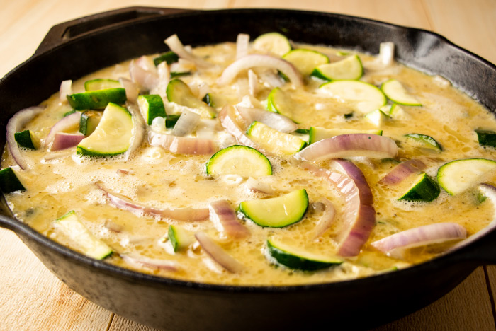 Raw Frittata Eggs in Lodge Cast Iron Skillet
