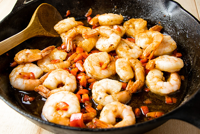 Shrimp with Marinade in a Large Lodge Cast Iron Skillet