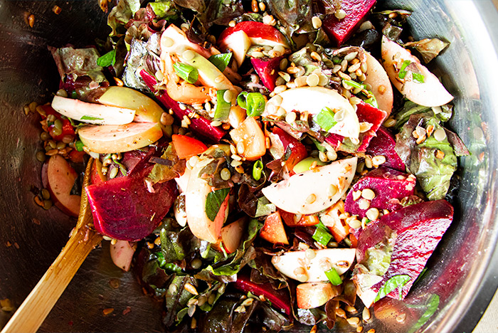 Tossed Beet & Lentil Salad in Large Bowl