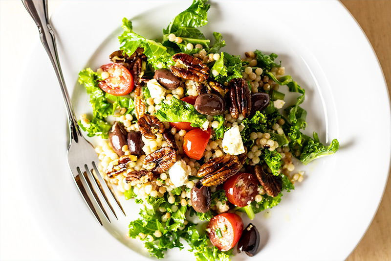 Israeli Couscous Salad with Kale, Pecans, Tomatoes & Feta