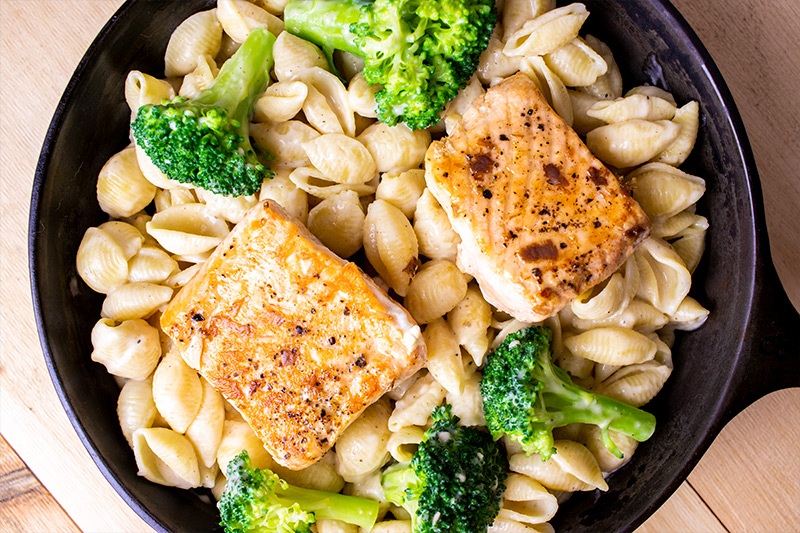 Salmon, Pasta Shells & Blanched Broccoli