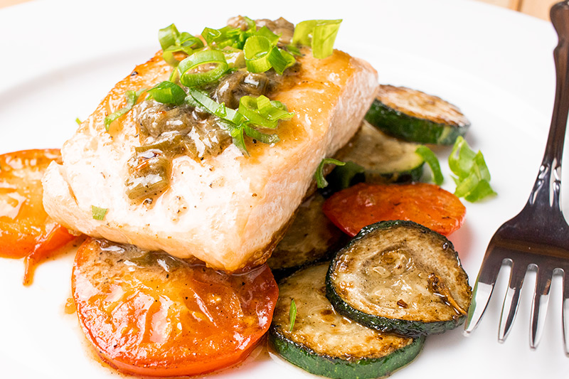 Salmon with Cooked Tomatoes & Zucchini